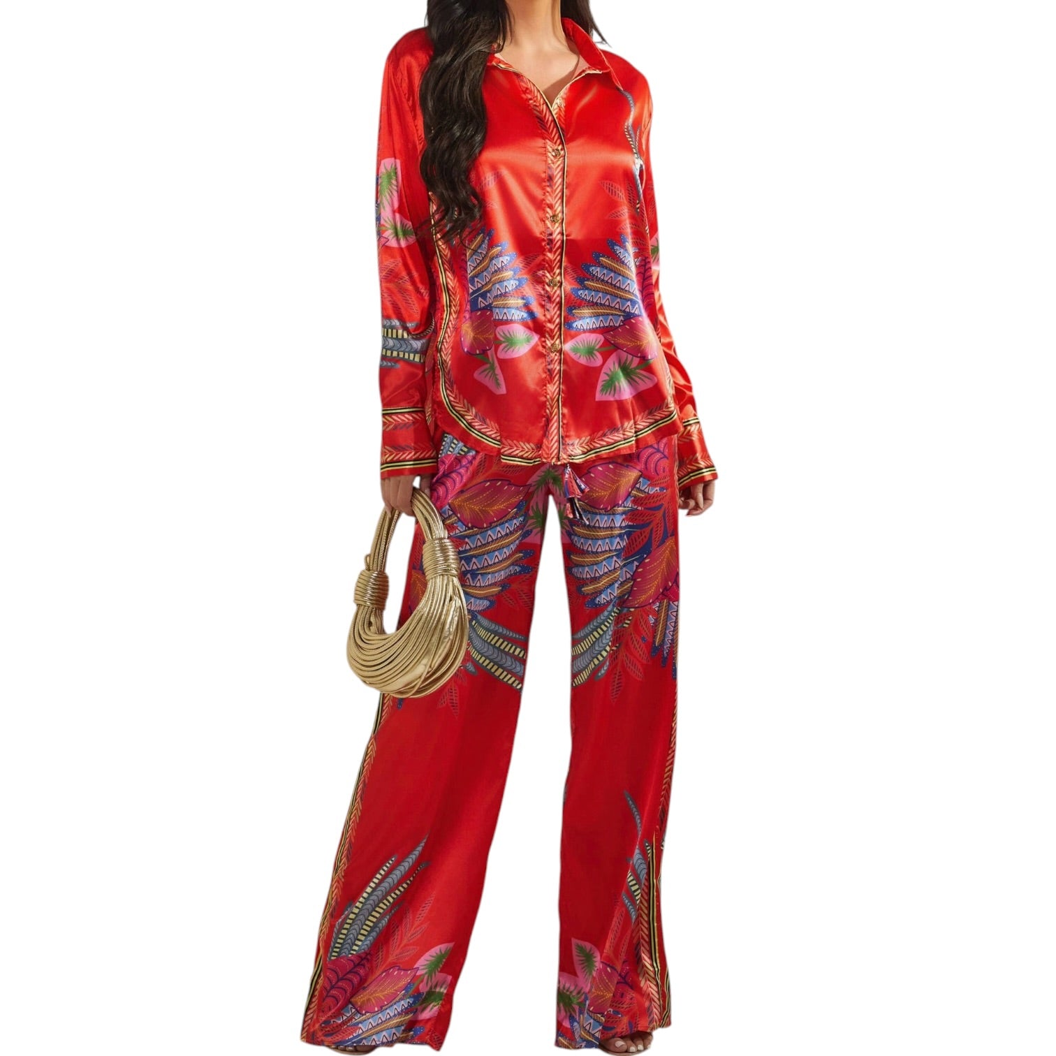 woman wearing red patterned set on white background