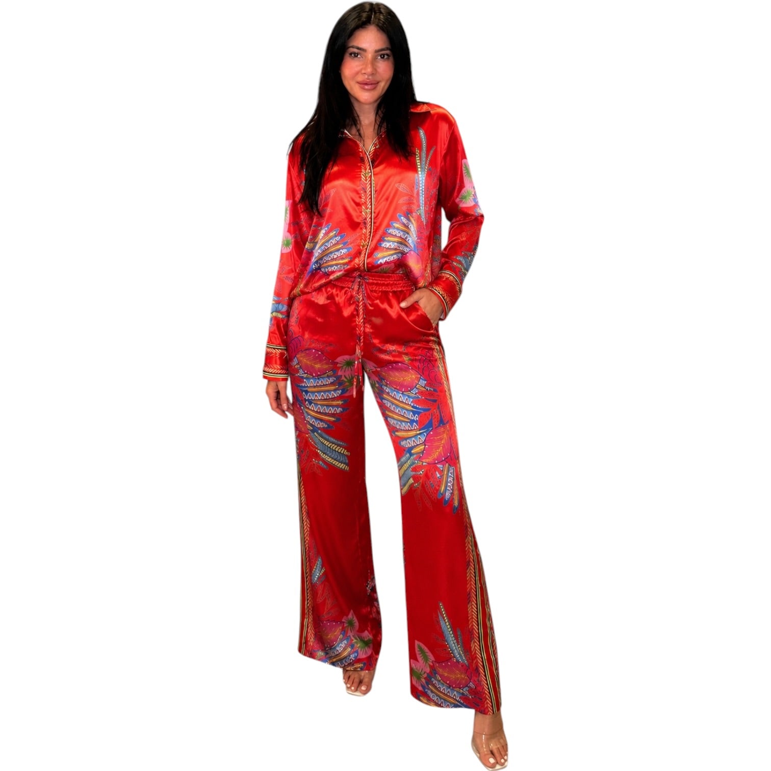 woman wearing red patterned set on white background
