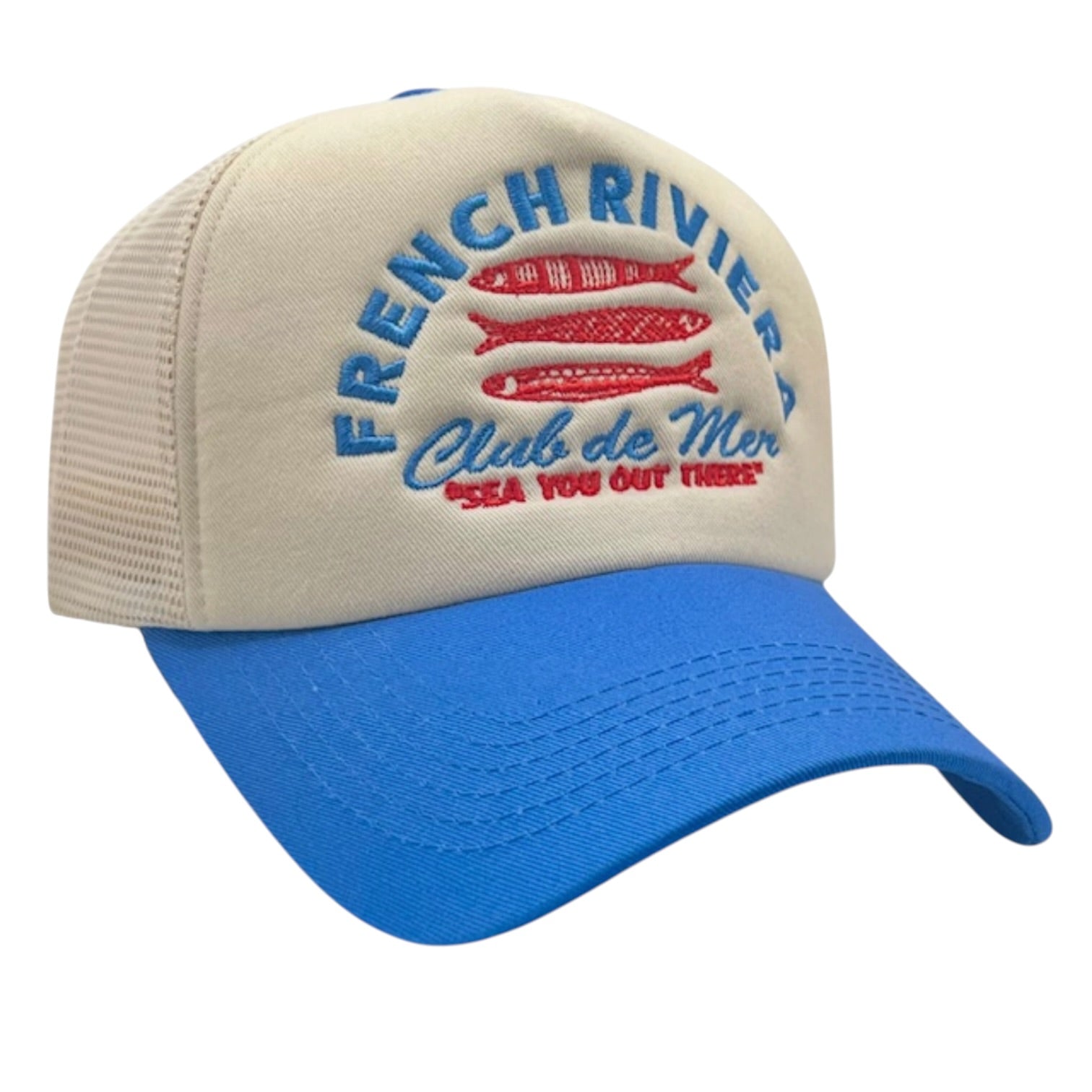 Beige and blue cap with 'French Riviera Club de Mer' text and fish graphics on a white background