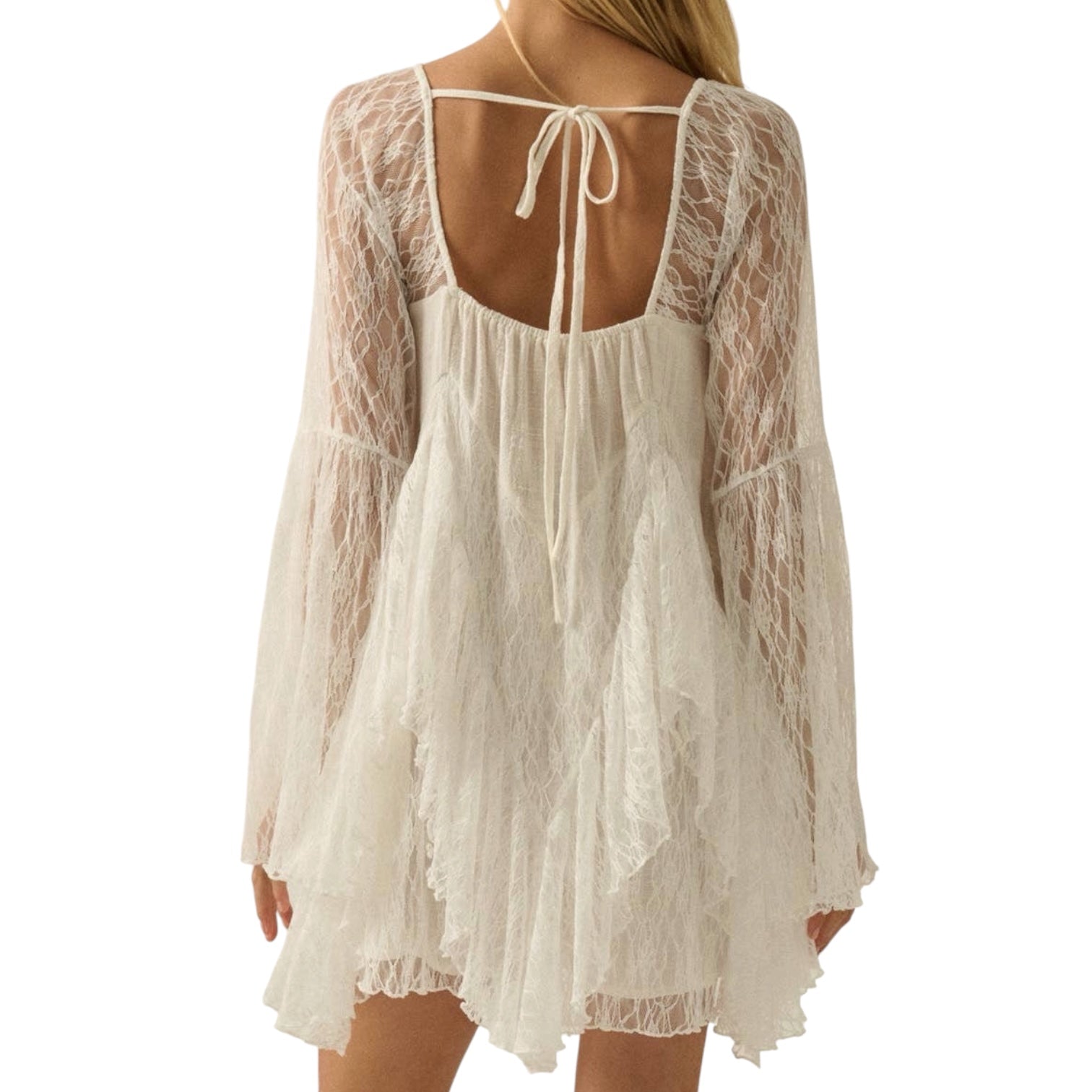White lace romper with long sleeves on a white background