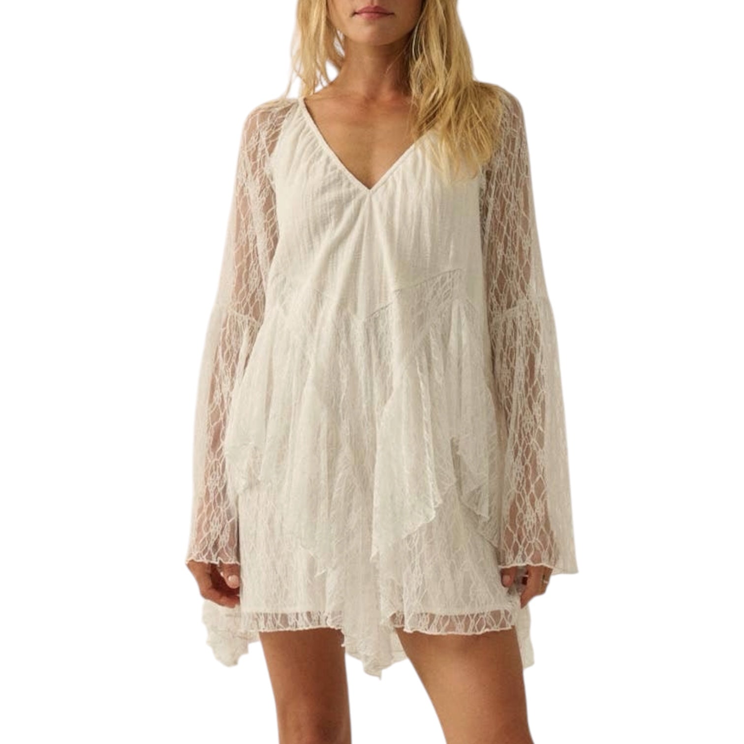 Woman wearing a white lace romper on a white background