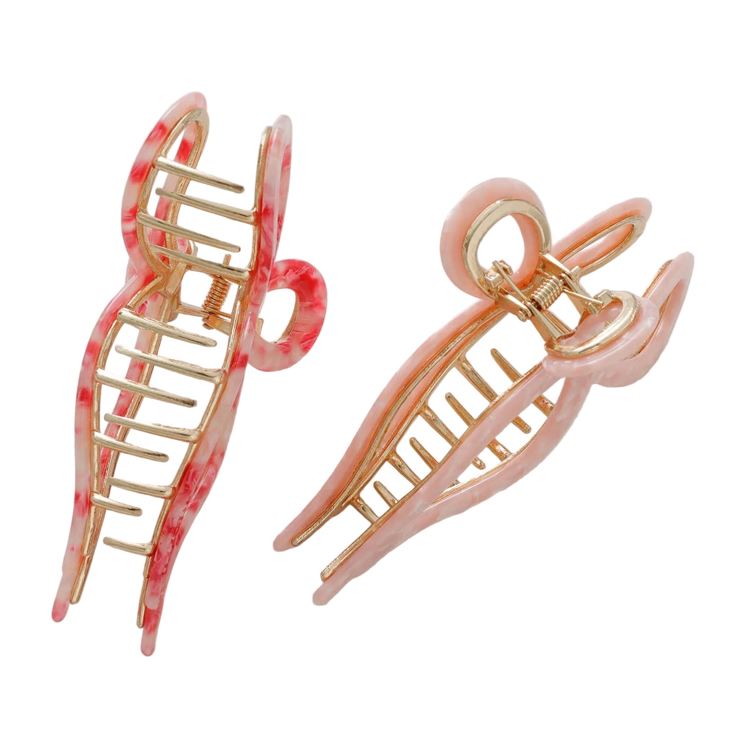 Two pink and gold hair clips on a light gray background