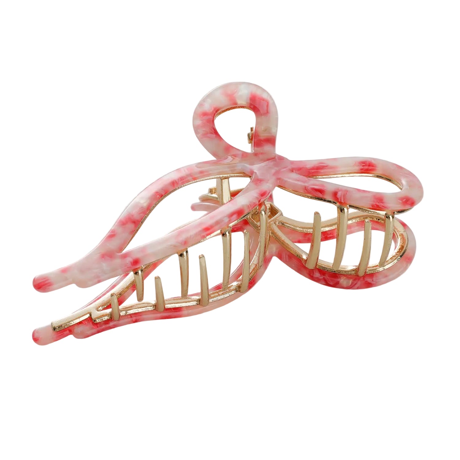 Pink and gold hair clip on a light gray background