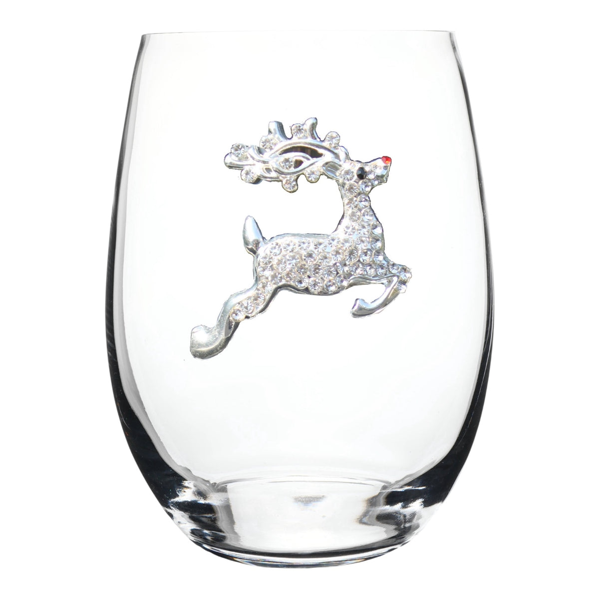 Clear glass with a decorative reindeer figure on a white background