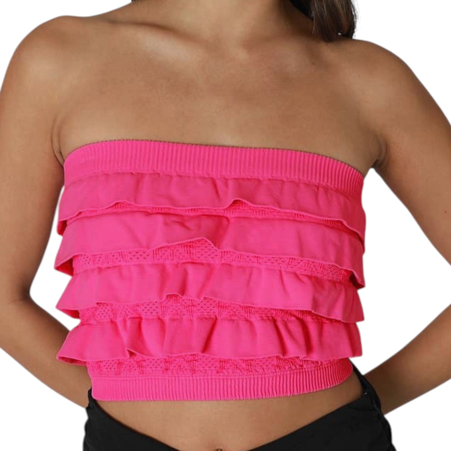 Pink ruffled strapless top worn by a person on a white background