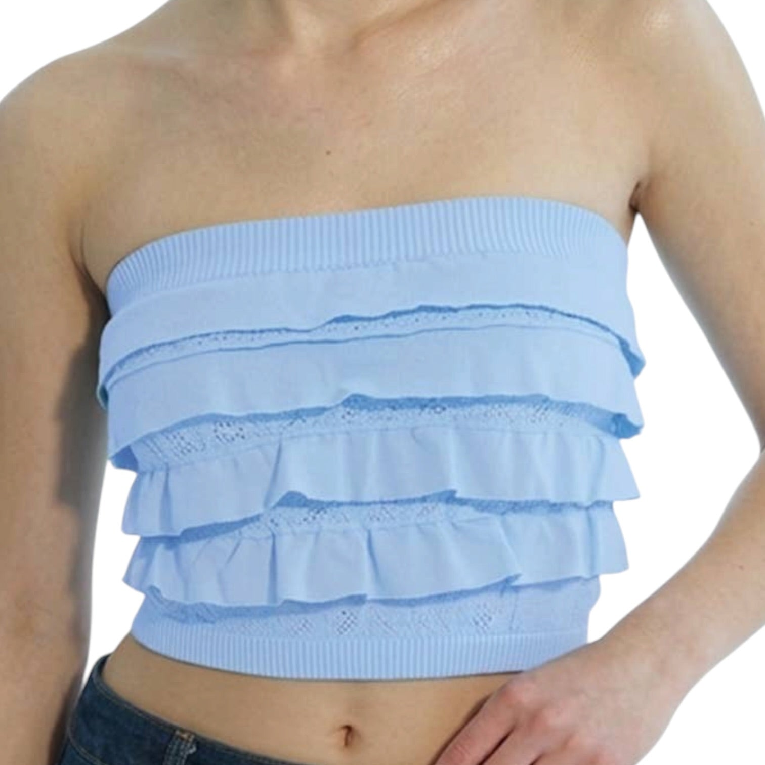 Light blue ruffled strapless top on a white background