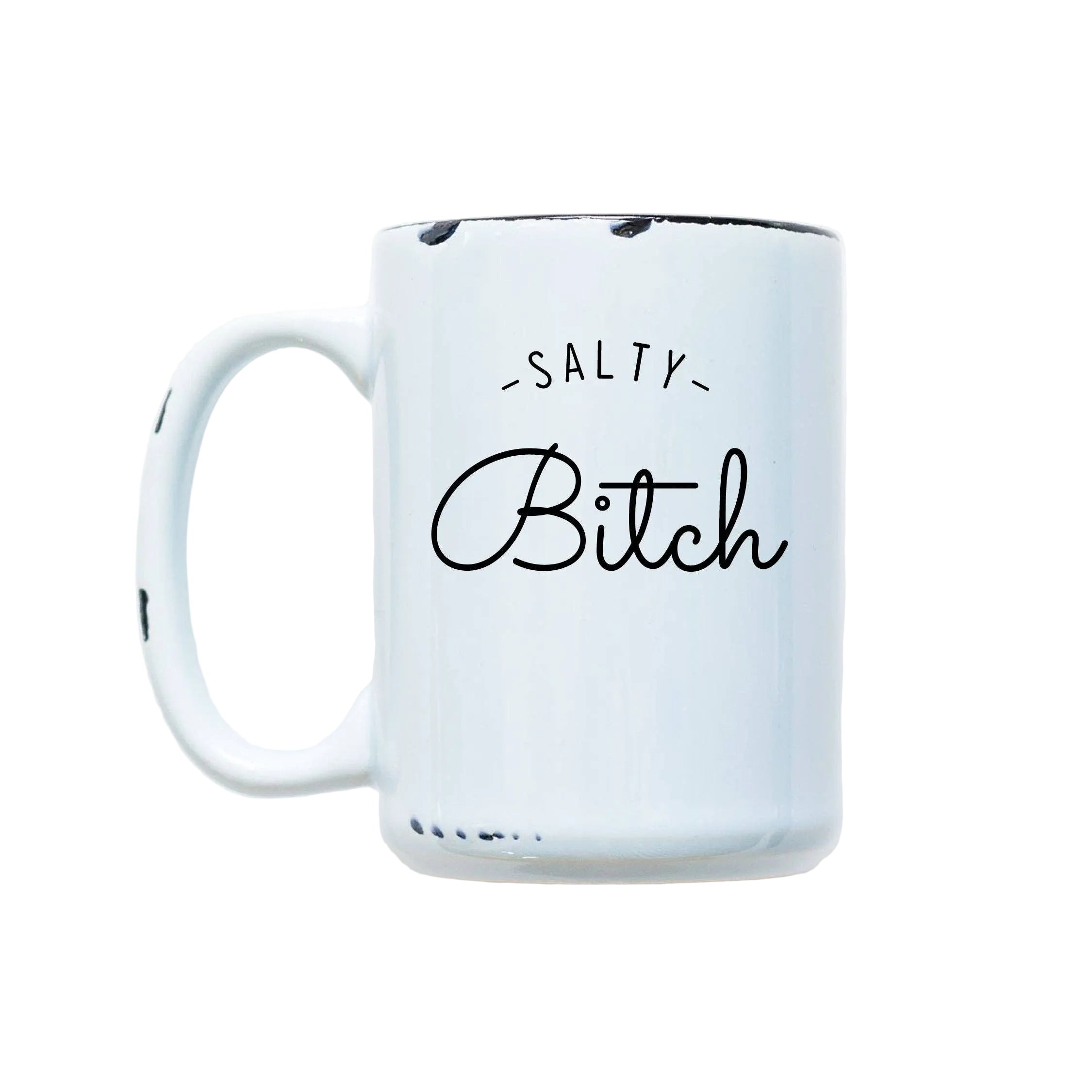 White mug with black text 'SALTY BITCH' on a white background