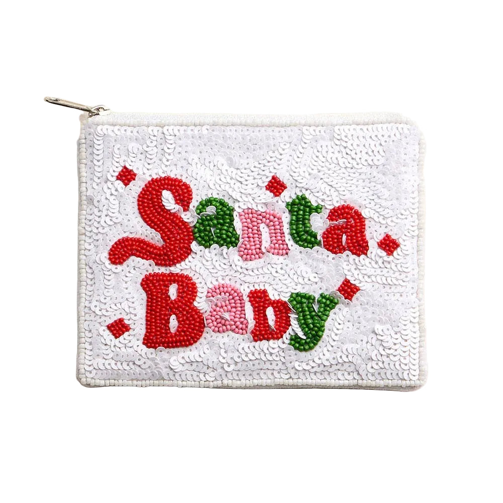 White pouch with 'Santa Baby' text in red and green on a beige background