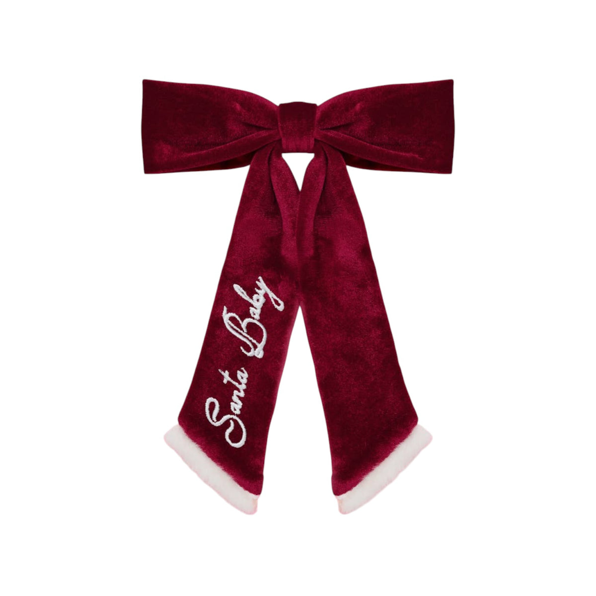 A festive Santa Claus-themed velvet bow accessory, featuring a deep burgundy red velvet finish with white faux-fur trim at the ends and 'Santa Baby' embroidered in white script on one of the tails.