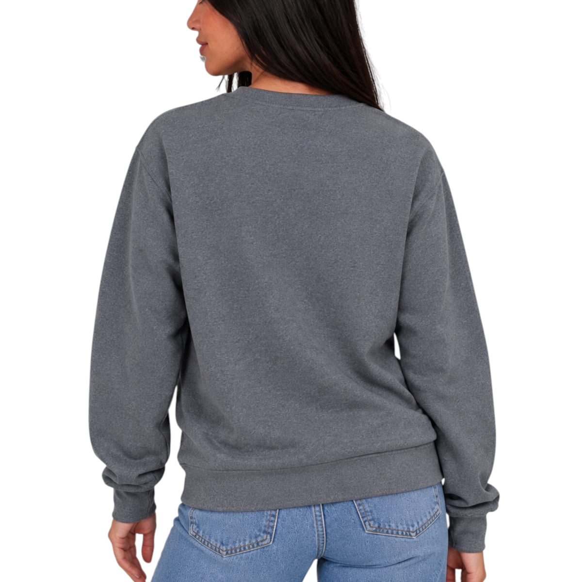 A woman shown from the back wearing a heather gray crewneck sweatshirt and blue jeans against a plain white background.
