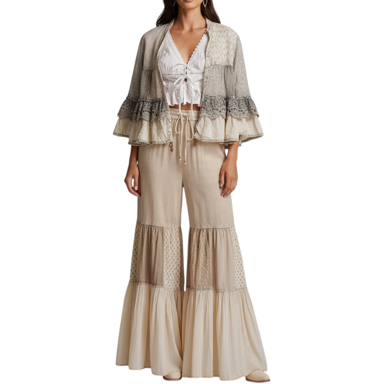 Woman wearing a beige and white outfit with a matching jacket on a white background