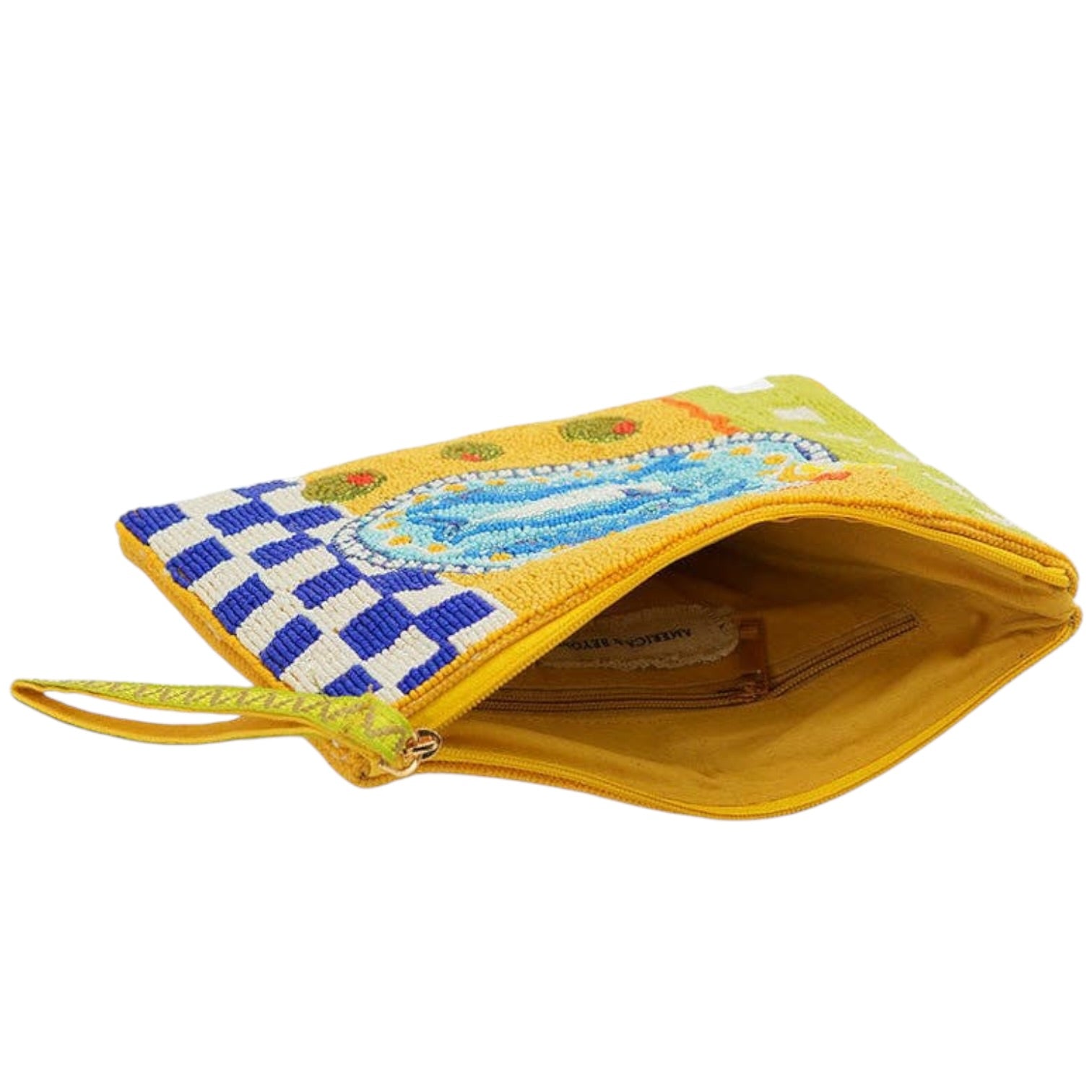 Yellow pouch with blue and white checkered pattern on a white background