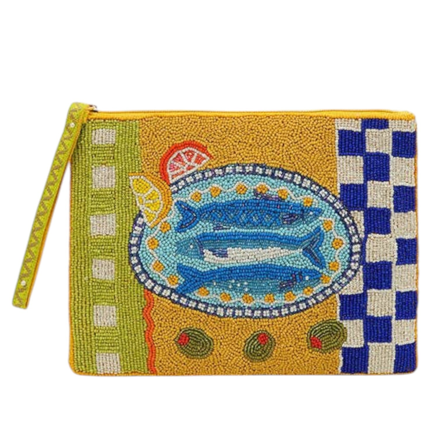 Colorful beaded pouch with fish design on a white background