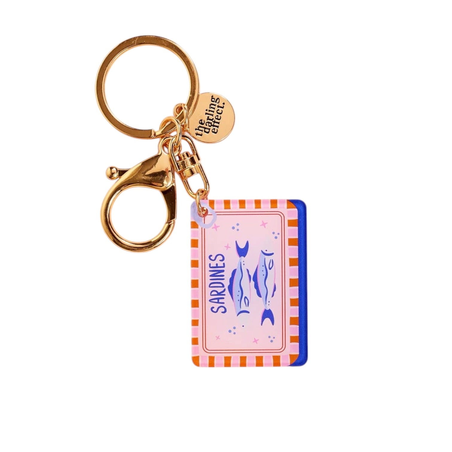 Keychain with a card design featuring fish illustrations on a white background