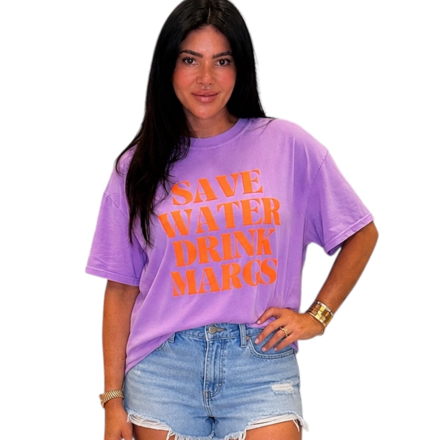 Person wearing a purple t-shirt with 'SAVE WATER DRINK MAROCS' text on a white background