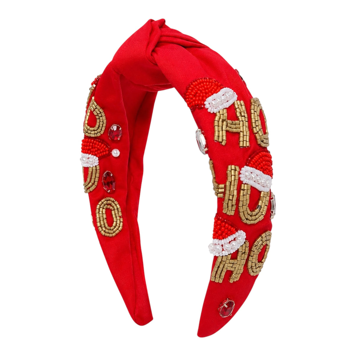 A red fabric headband featuring 'HO HO HO' lettering embellished with gold beads, white faux fur trim, and small red rhinestones, shown on a plain white background.