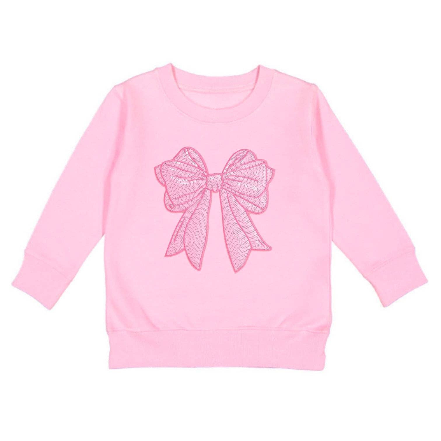 Pink sweatshirt with a large bow design on a white background
