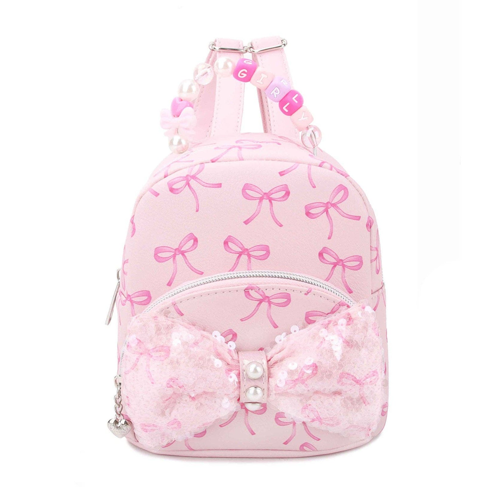 Pink backpack with bow pattern on a white background