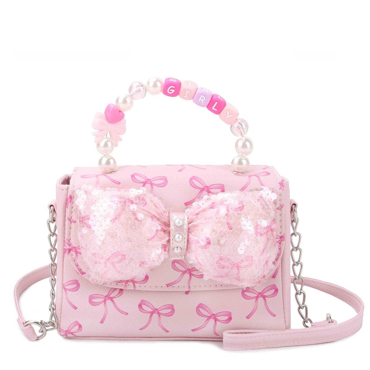 Pink handbag with bow design and chain strap on a white background