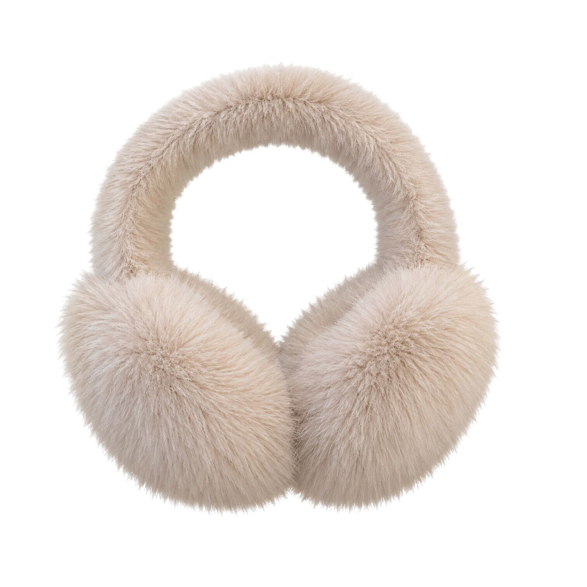 Cream-colored faux fur earmuffs with a padded headband and rounded ear cups, shown on a solid white background.