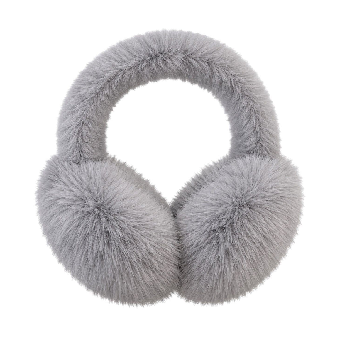 Light gray faux fur earmuffs with a padded headband, shown against a solid white background.