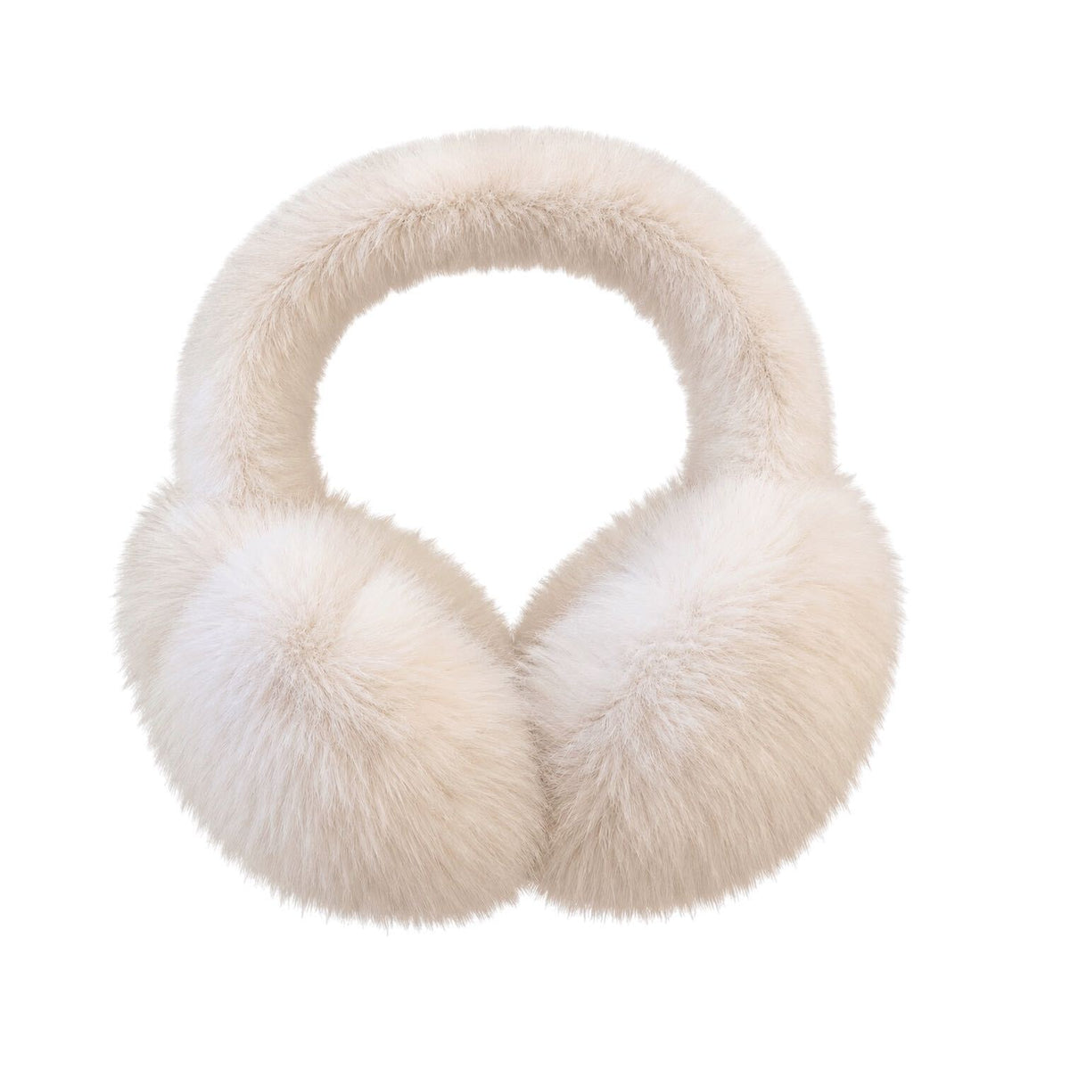Cream-colored faux fur earmuffs with a padded headband, shown against a solid white background.