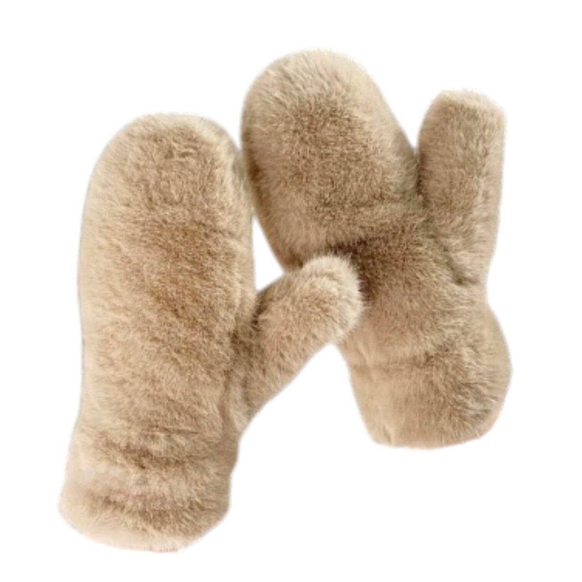 A pair of plush faux-fur winter mittens in a light tan/beige color, shown against a plain white background.
