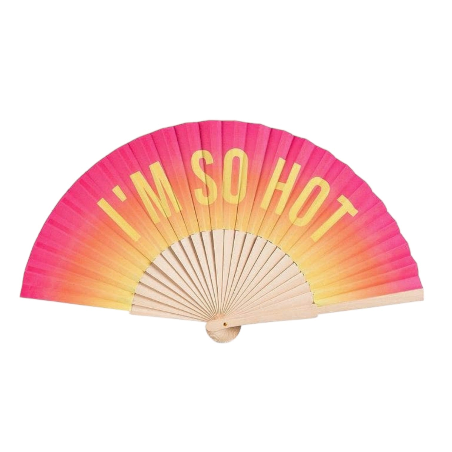 Handheld fan with pink to yellow gradient and 'I'm So Hot' text on a white background