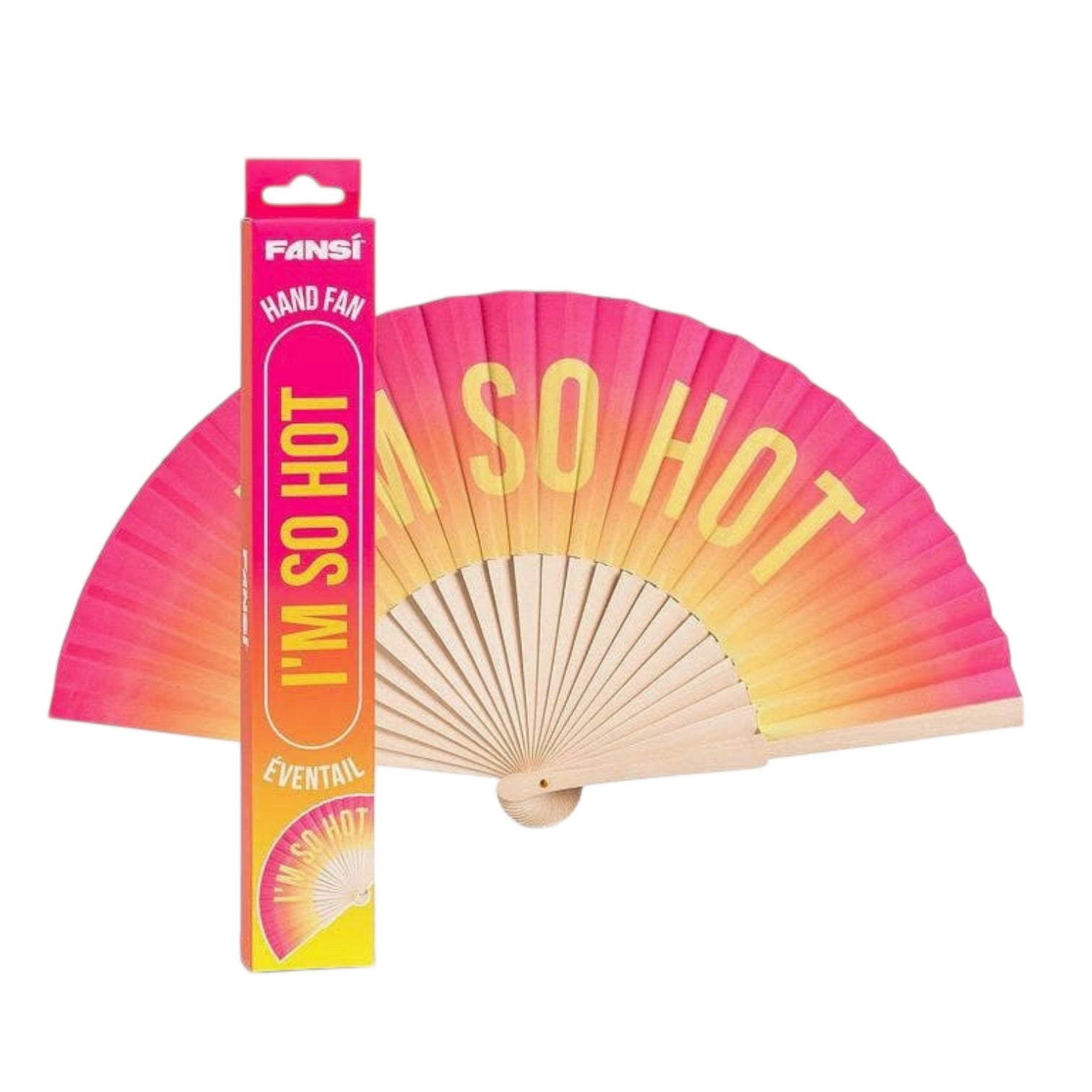 Hand fan with 'I'm So Hot' text and pink packaging on a white background
