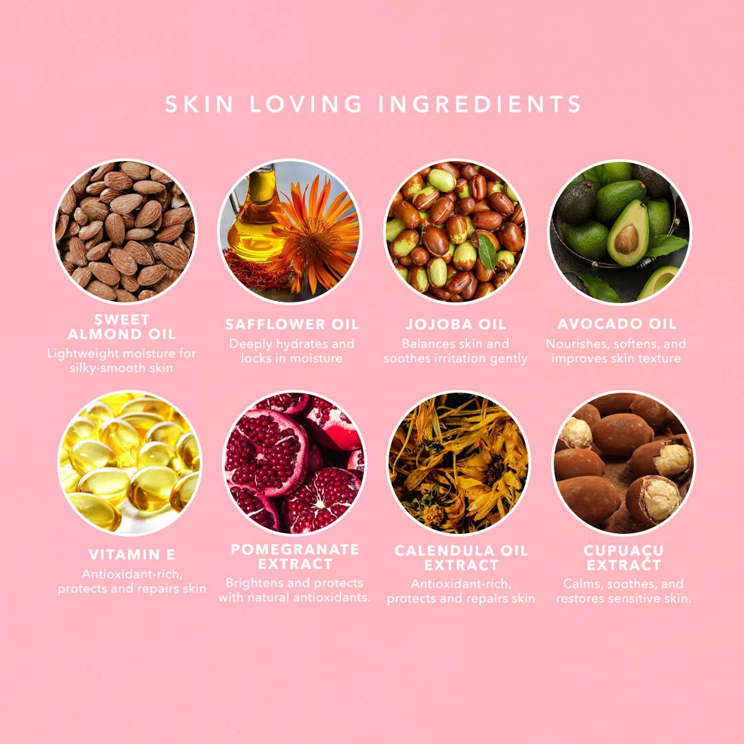 List of skin-loving ingredients with corresponding images and descriptions on a pink background