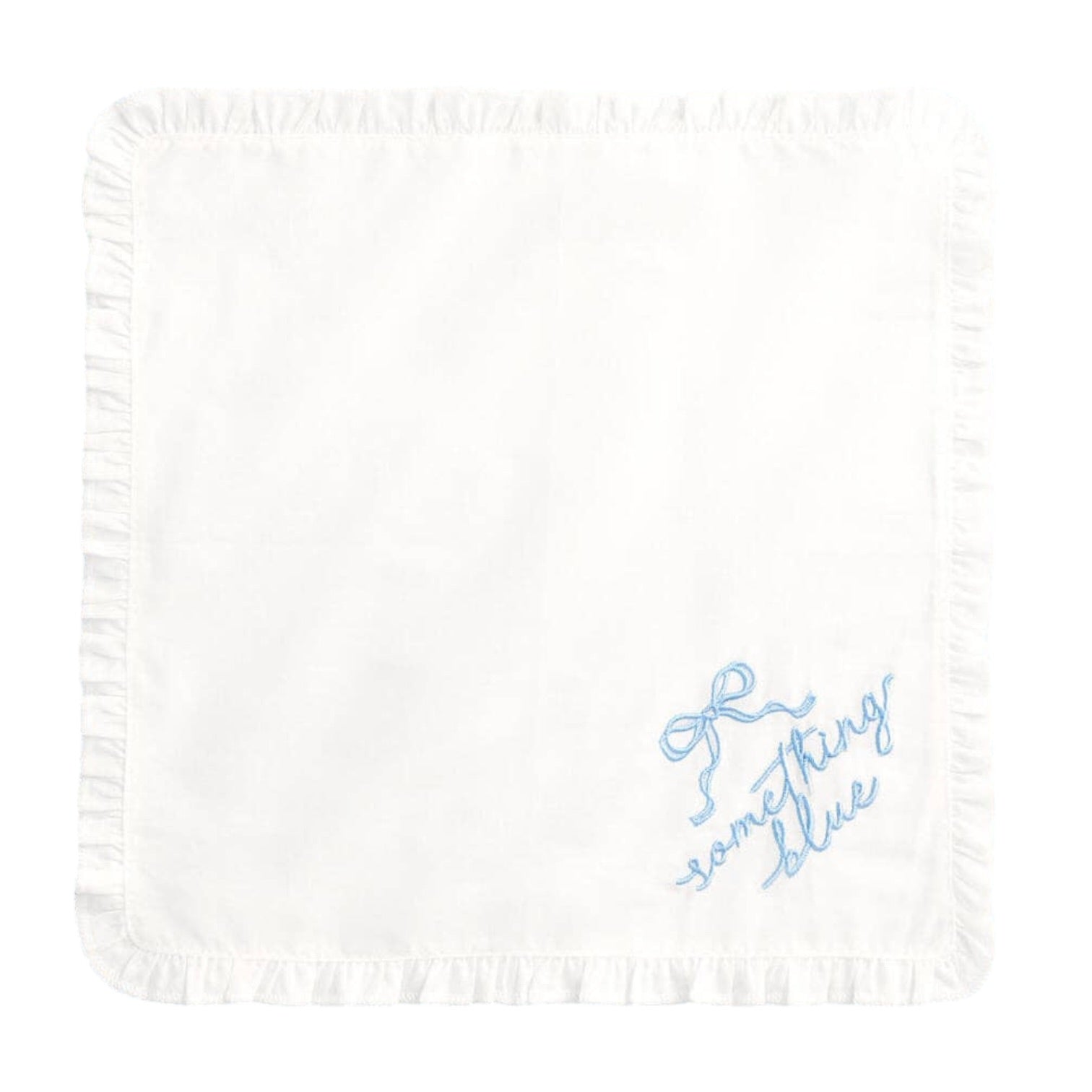 White napkin with blue text 'Something Blue' on a white background
