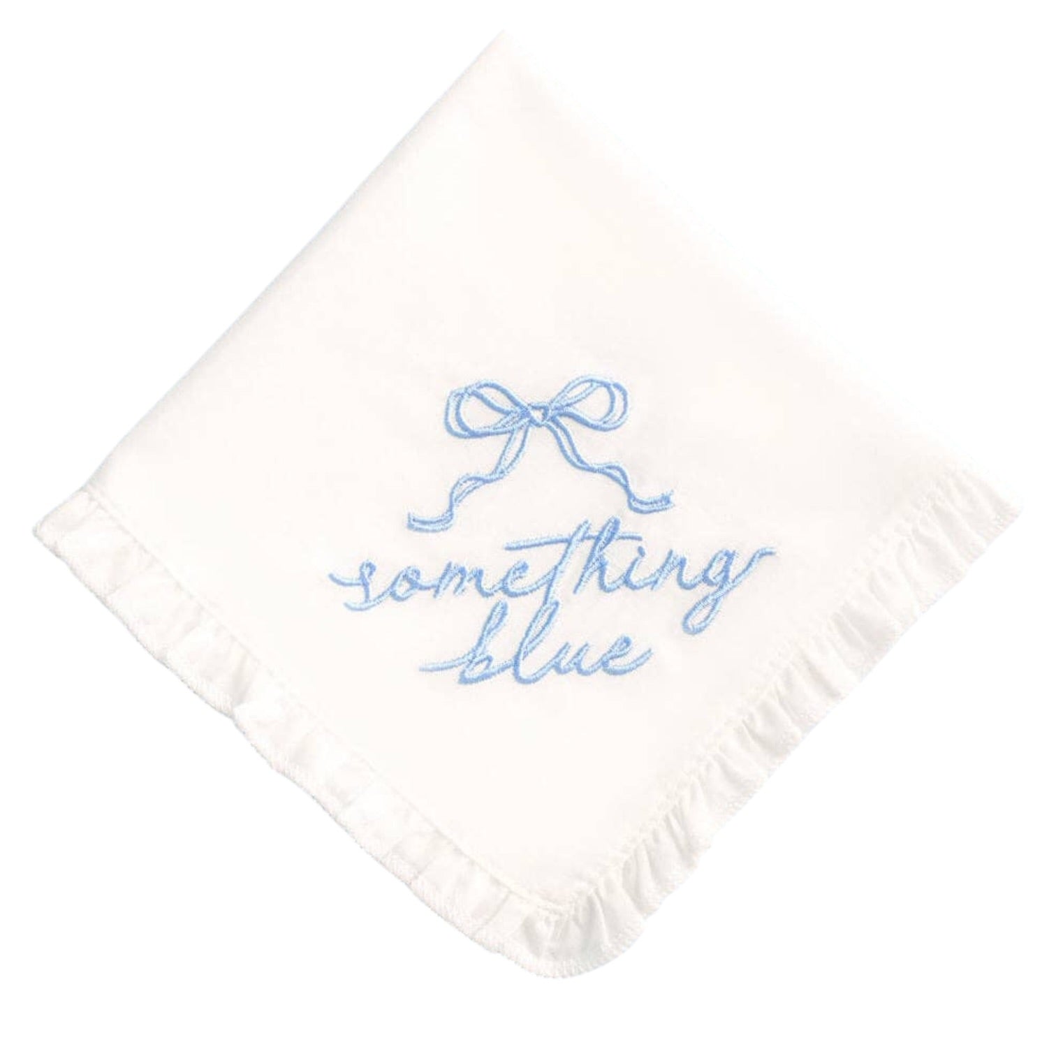 White handkerchief with blue 'something blue' embroidery on a white background