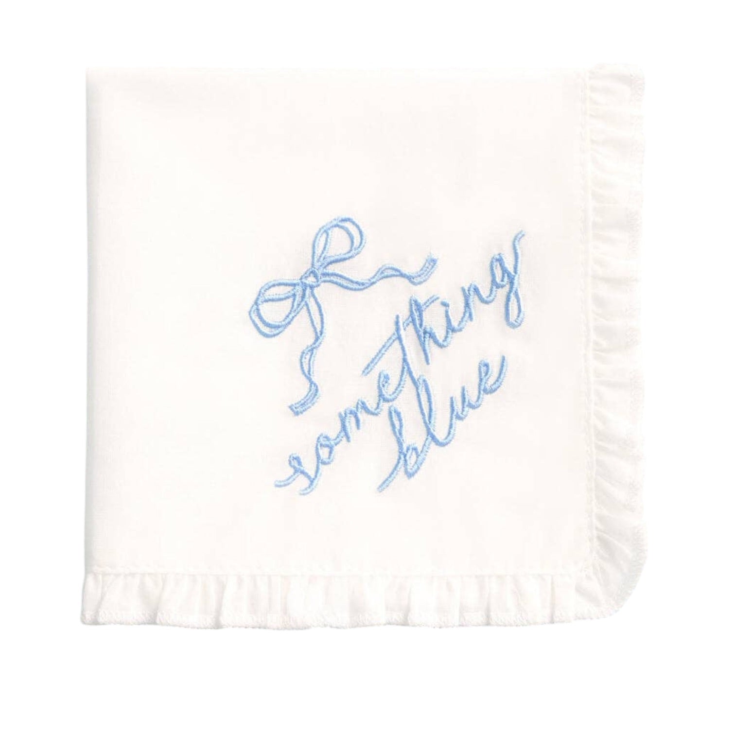 White handkerchief with blue text 'Something Blue' on a white background