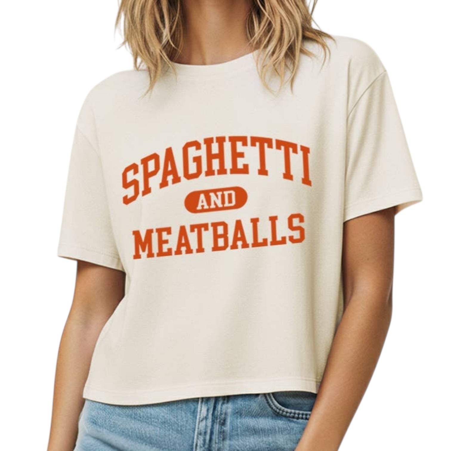 Person wearing a white t-shirt with 'Spaghetti and Meatballs' text in red.