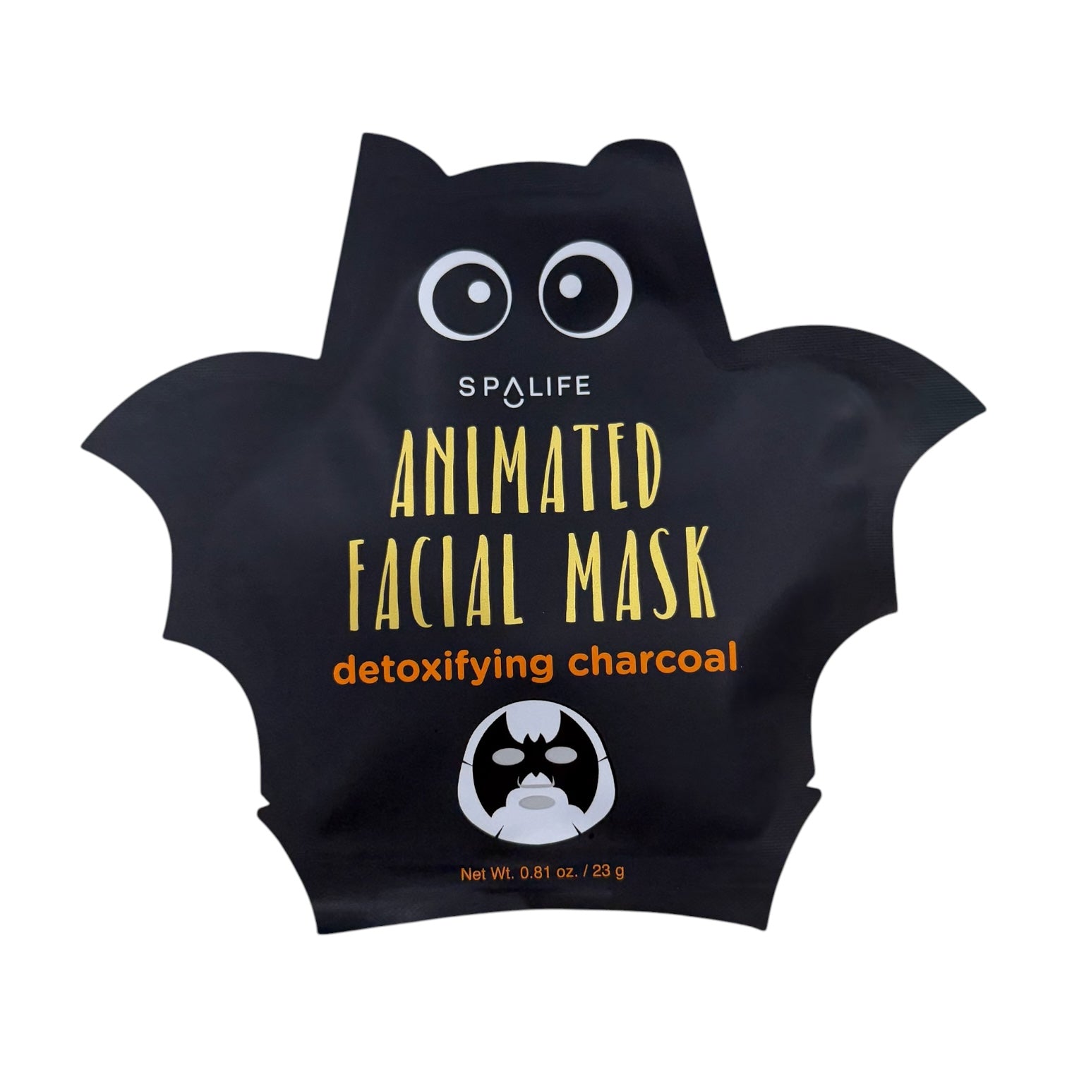 A black bat-shaped facial mask packet with cartoon eyes and the text 'SPALIFE ANIMATED FACIAL MASK detoxifying charcoal' on a white background.