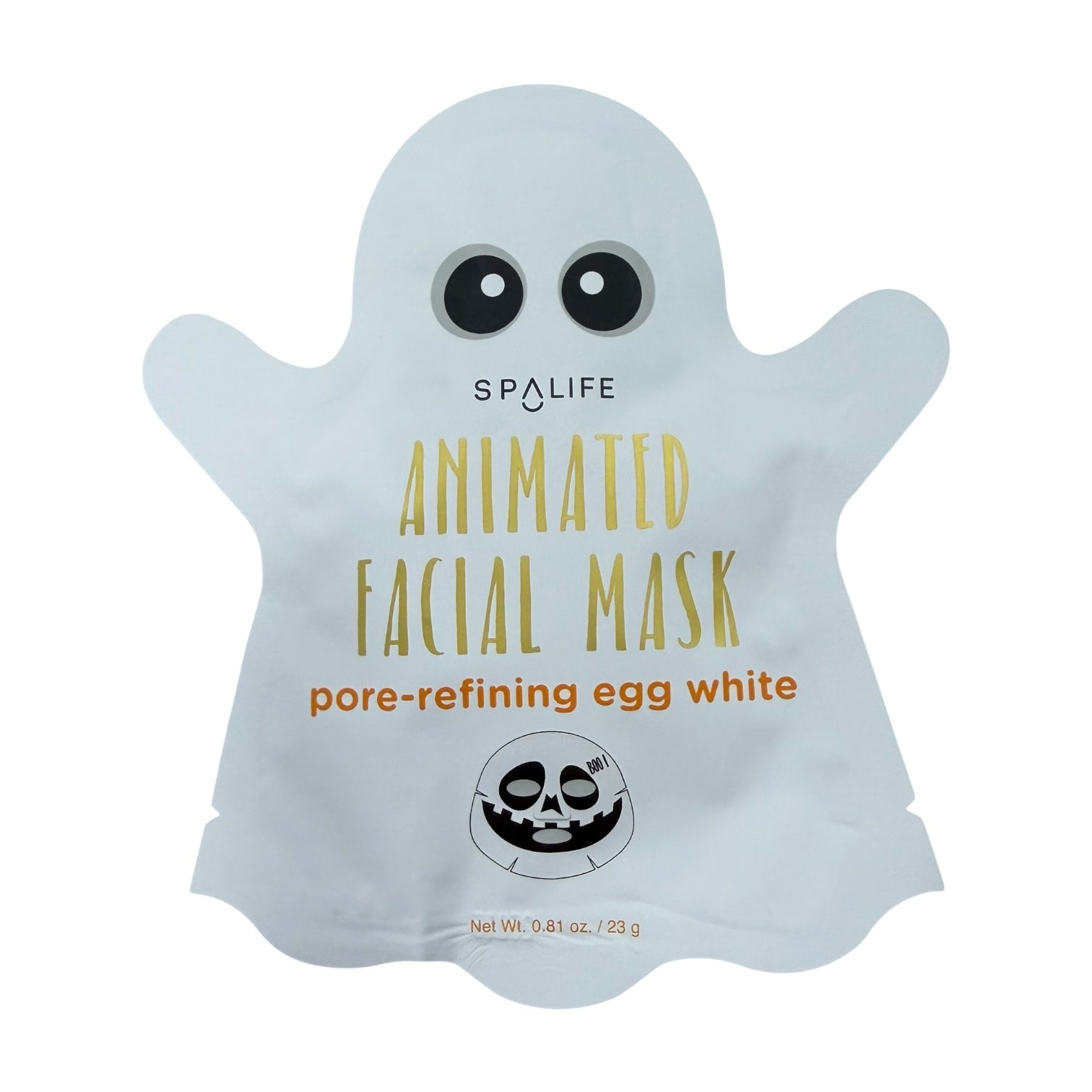 A ghost-shaped facial mask packet by SPALIFE, labeled 'Animated Facial Mask' in gold lettering and 'pore-refining egg white' in orange, on a plain white background.