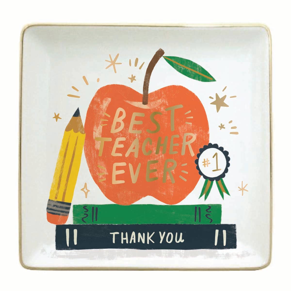 Decorative plate with an apple, pencil, and ribbon reading 'Best Teacher Ever' on a white background.