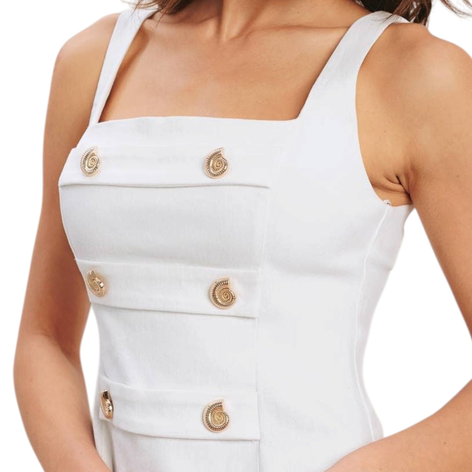 White dress with gold buttons on a white background