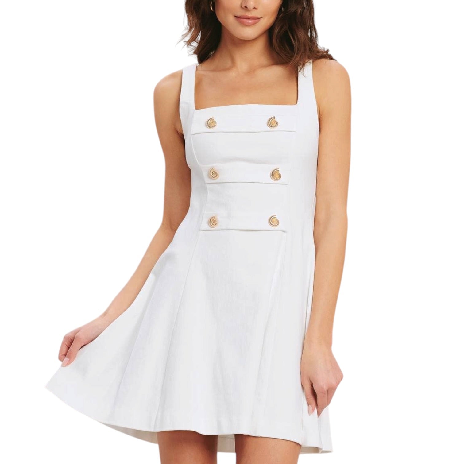 White dress with gold buttons on a white background