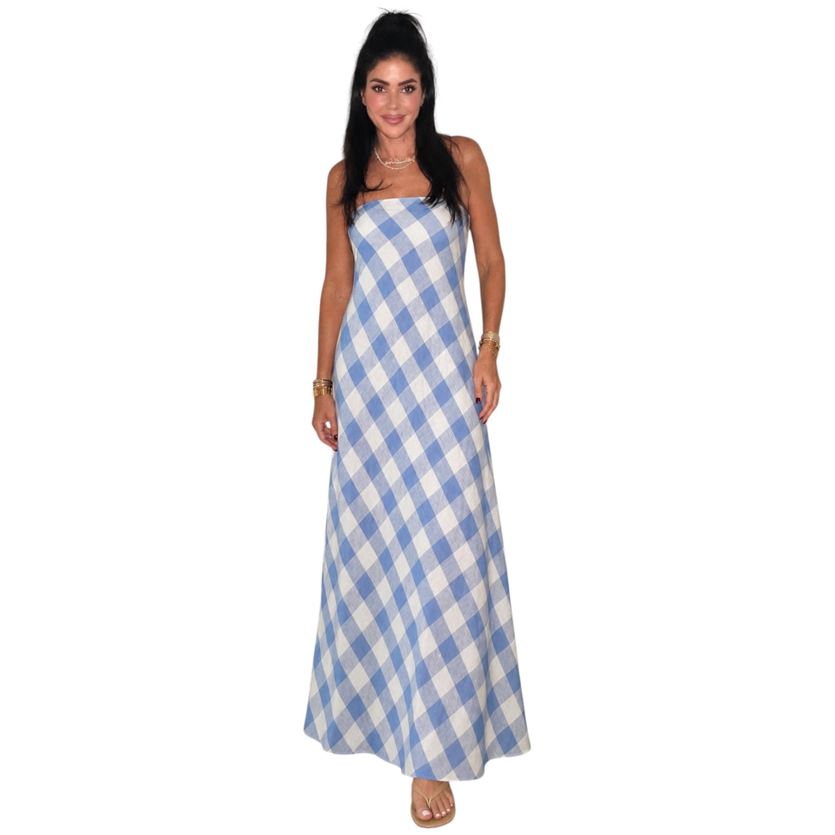 Strapless Gingham Linen Maxi Dress Medium