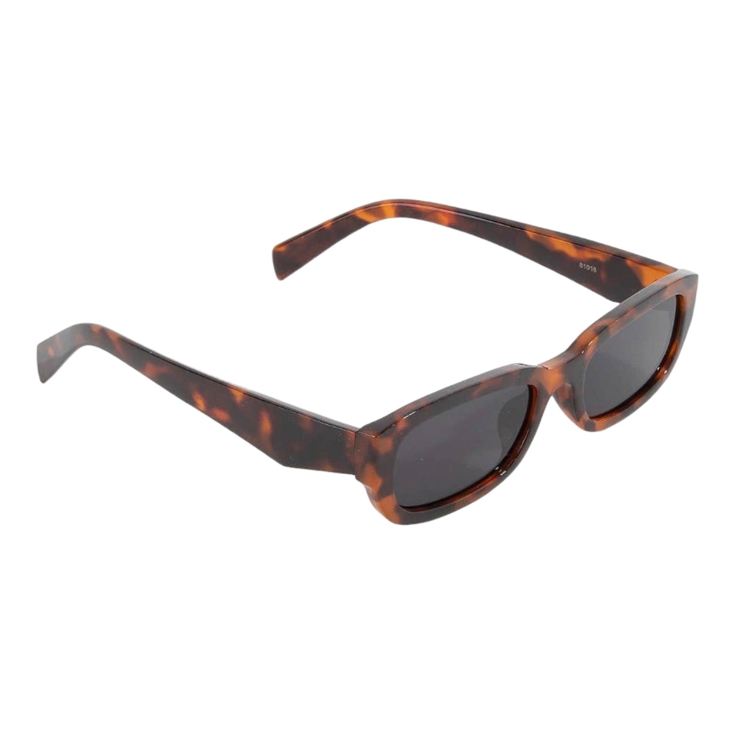 Sunglasses with tortoiseshell frame and dark lenses on a white background