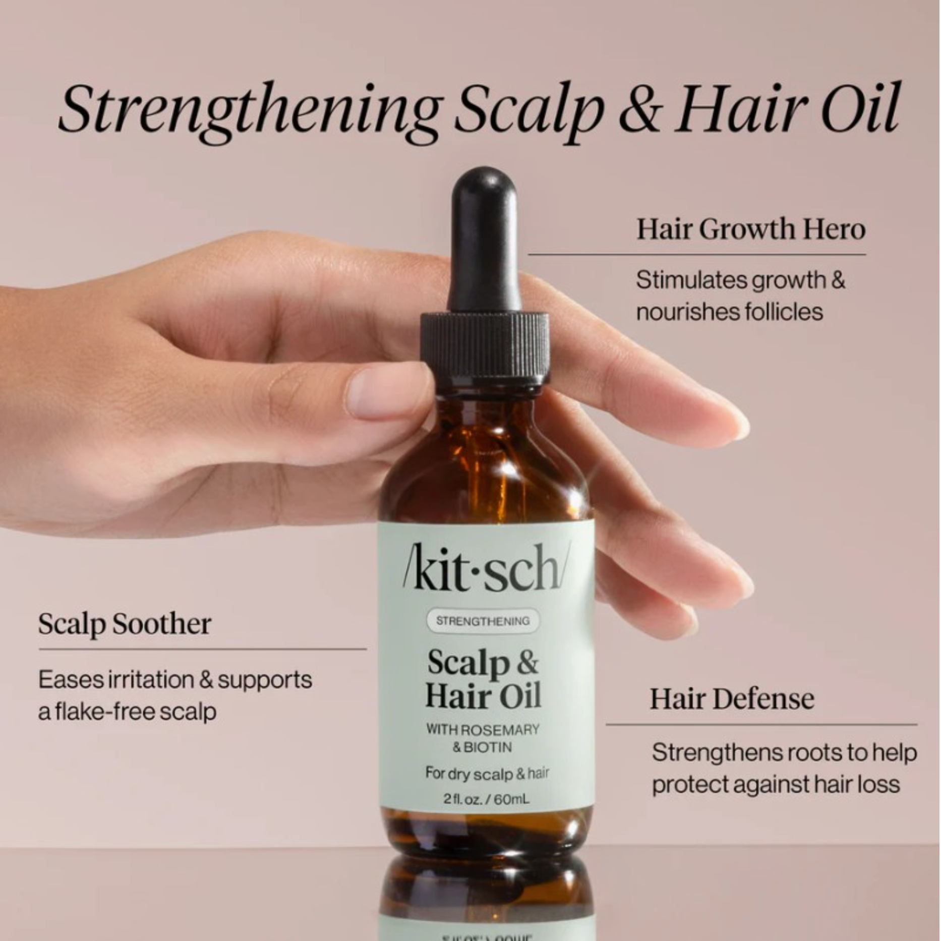 Kit'sch Scalp & Hair Oil bottle held by a hand with product features listed.