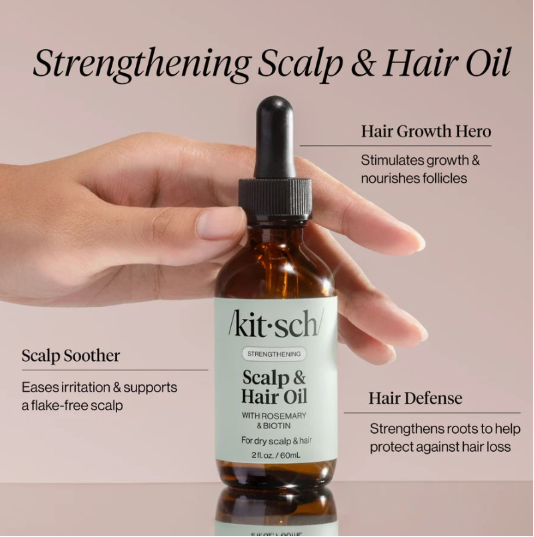 Kit'sch Scalp & Hair Oil bottle held by a hand with product features listed.