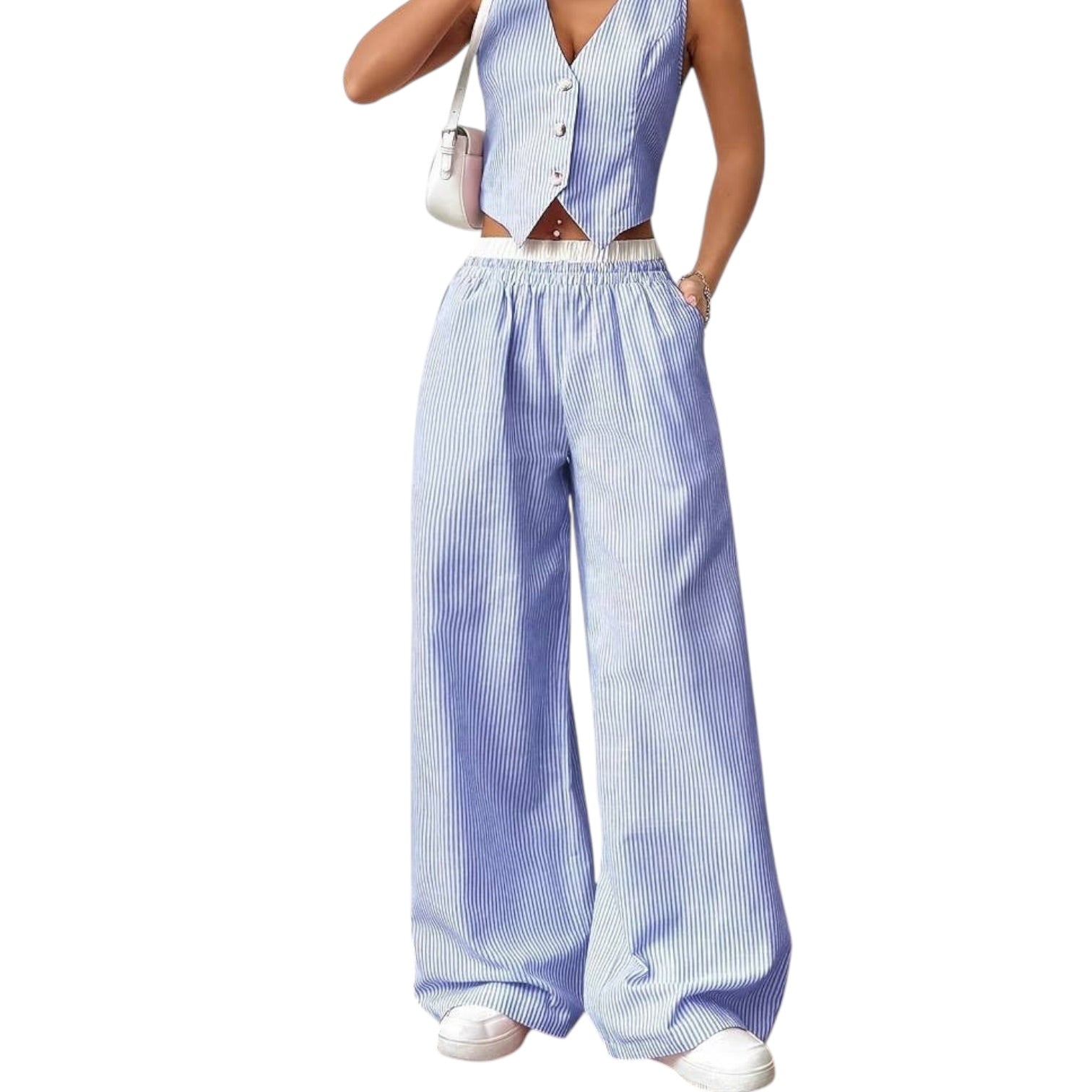 Person wearing a blue and white striped outfit with wide-leg pants on a white background