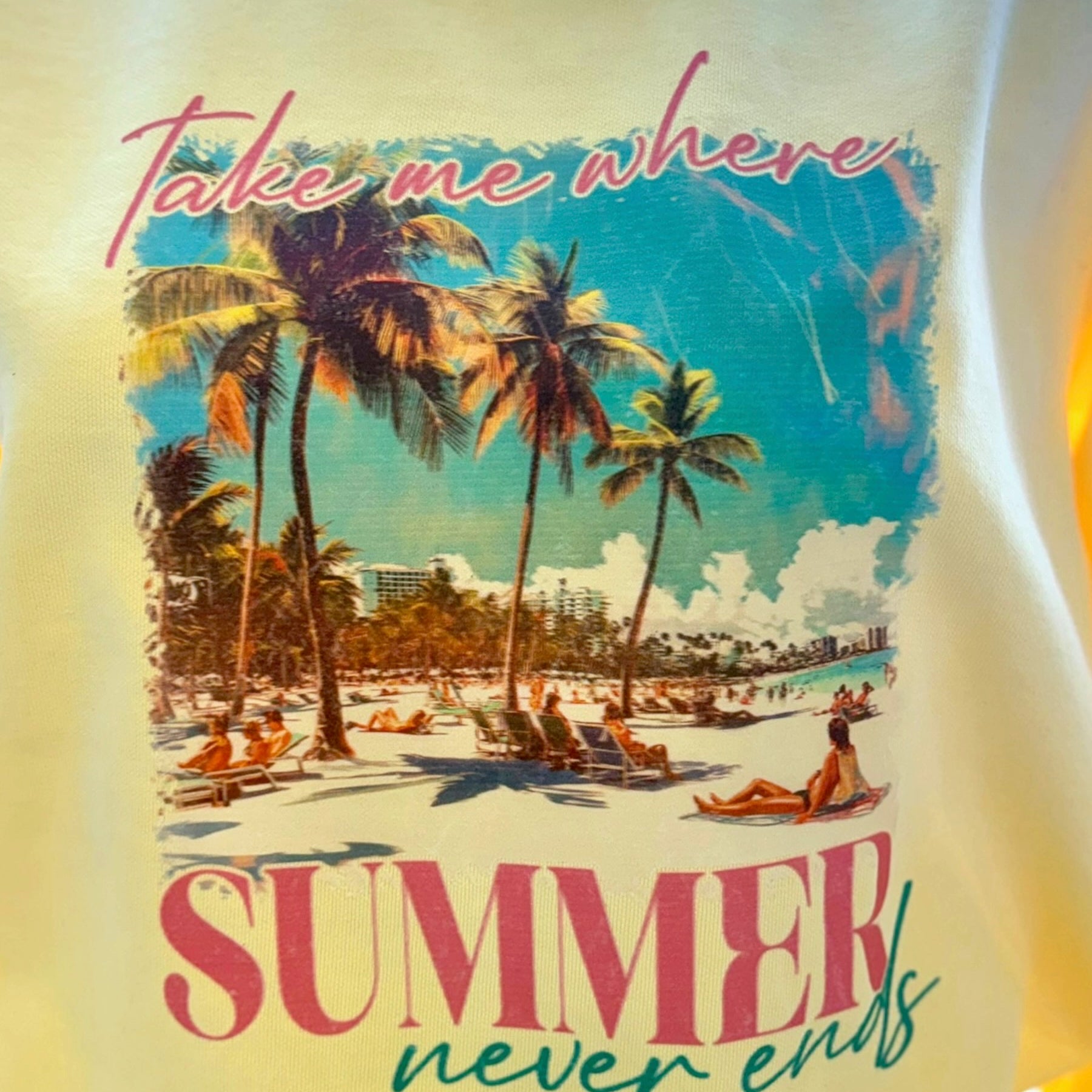 T-shirt with a beach scene and 'Take me where Summer never ends' text.