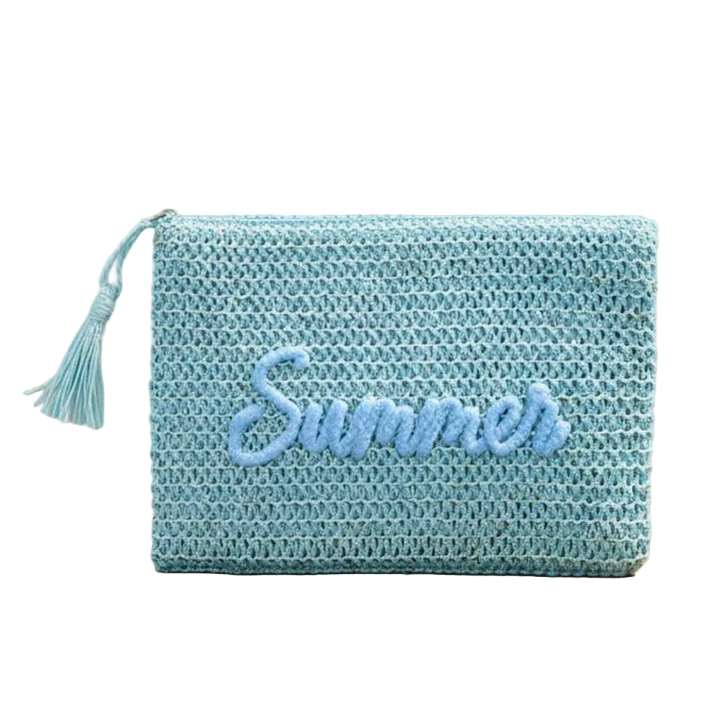 Blue woven pouch with 'Summer' embroidery on a white background.