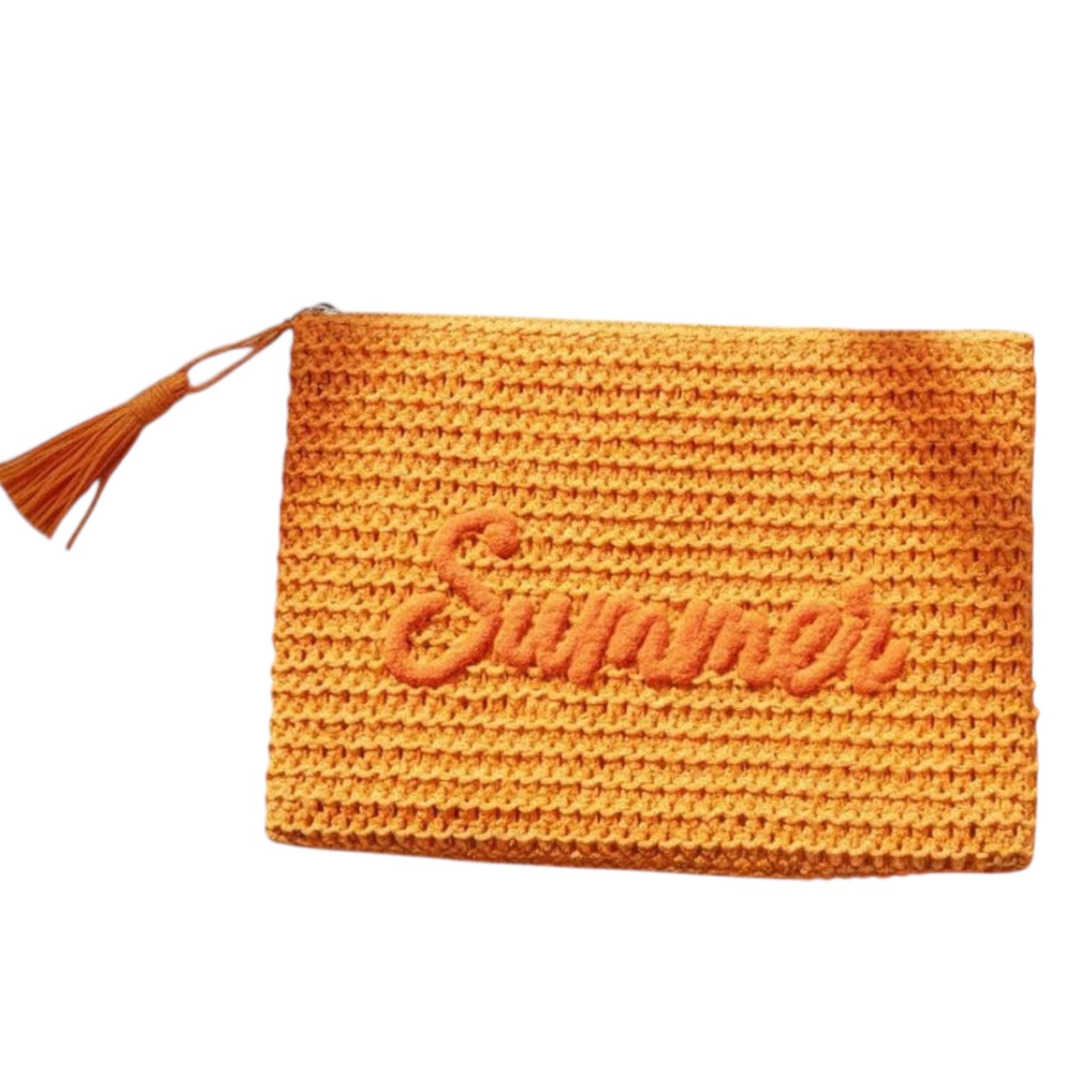 Orange crochet pouch with 'Summer' embroidery and tassel on a white background