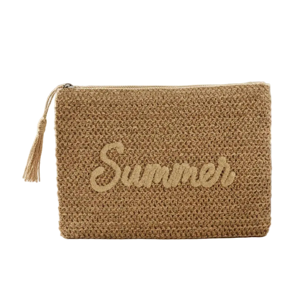 Woven pouch with 'Summer' text on a beach setting