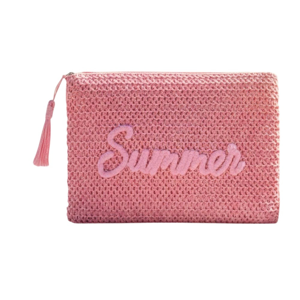 Pink textured pouch with 'Summer' embroidery on a white background