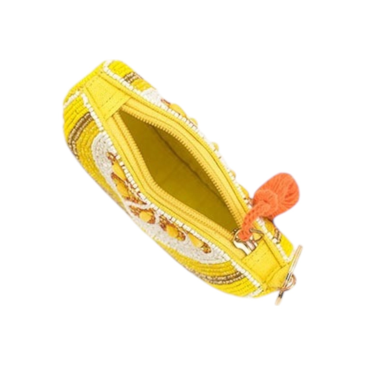 Yellow beaded pouch with a decorative zipper pull on a white background